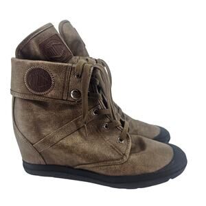 Palladium Ecuador Brown Leather Fold Over Wedge Hidden Heel Boot Womens 11
